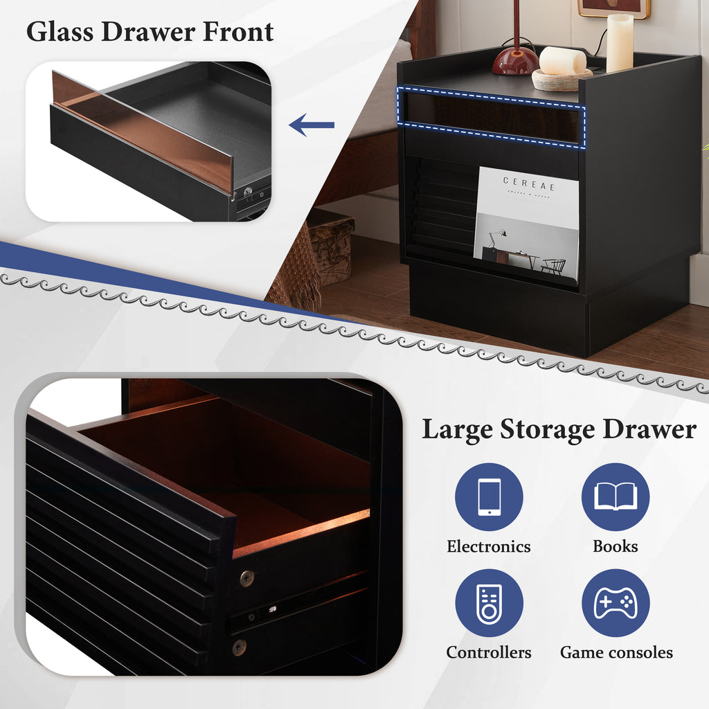 Mid Century Modern Nightstand with Charging Station and LED lights, Night Stand with 2 Drawers, Bedside Tables/End Table for Bedroom or Living Room, Black Nightstands