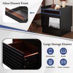 Mid Century Modern Nightstand with Charging Station and LED lights, Night Stand with 2 Drawers, Bedside Tables/End Table for Bedroom or Living Room, Black Nightstands