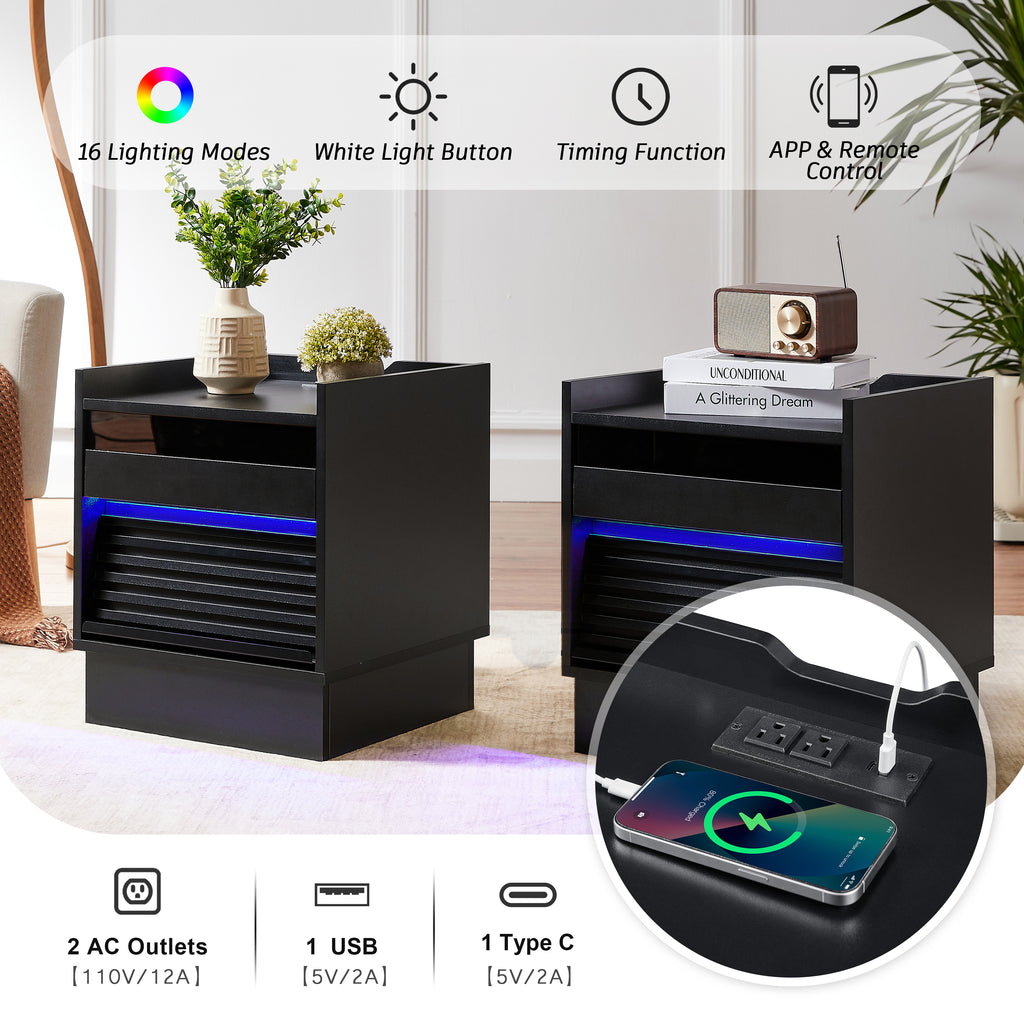 Mid Century Modern Nightstand with Charging Station and LED lights, Night Stand with 2 Drawers, Bedside Tables/End Table for Bedroom or Living Room, Black Nightstands