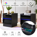 Mid Century Modern Nightstand with Charging Station and LED lights, Night Stand with 2 Drawers, Bedside Tables/End Table for Bedroom or Living Room, Black Nightstands