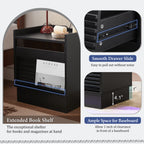 Mid Century Modern Nightstand with Charging Station and LED lights, Night Stand with 2 Drawers, Bedside Tables/End Table for Bedroom or Living Room, Black Nightstands