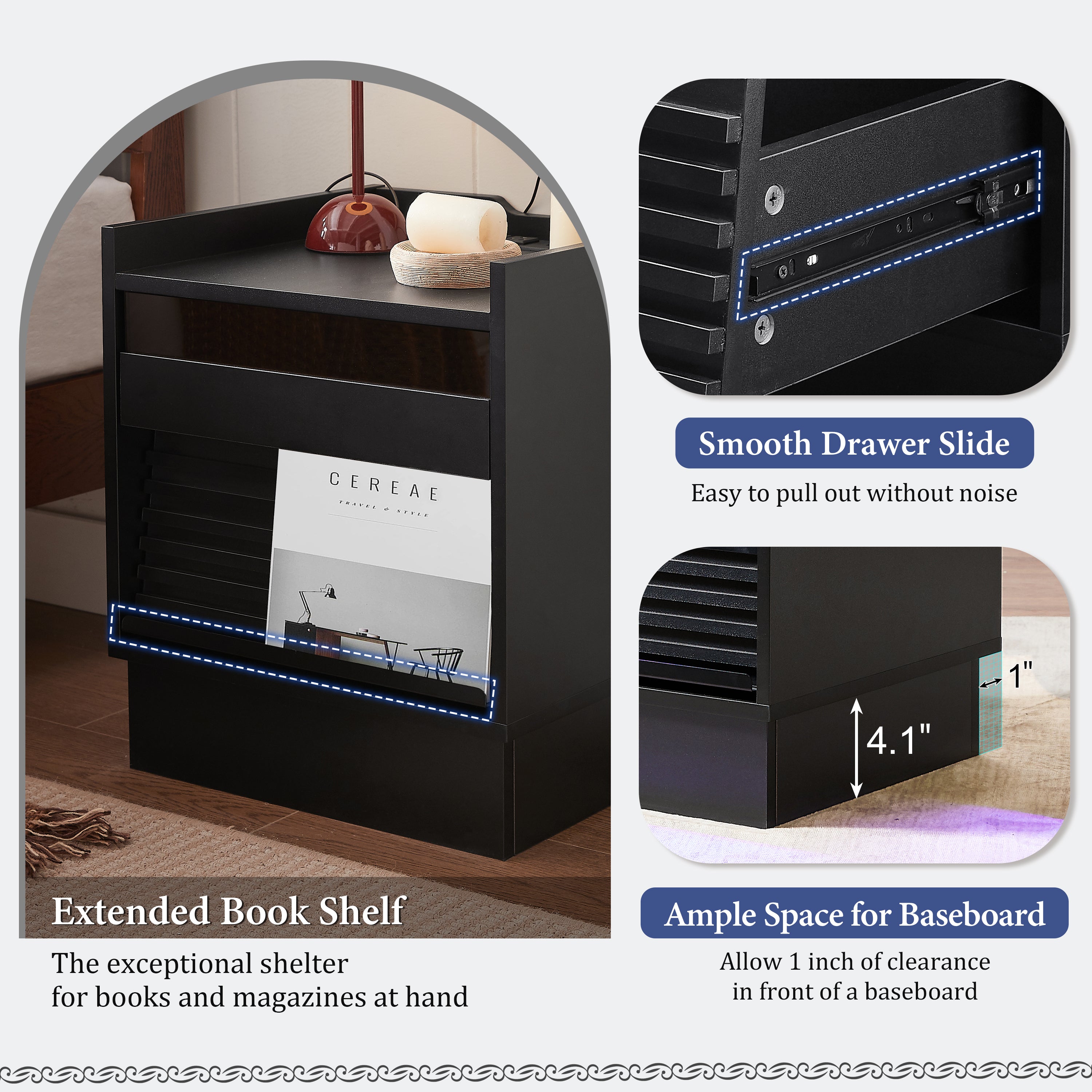 Mid Century Modern Nightstand with Charging Station and LED lights, Night Stand with 2 Drawers, Bedside Tables/End Table for Bedroom or Living Room, Black Nightstands