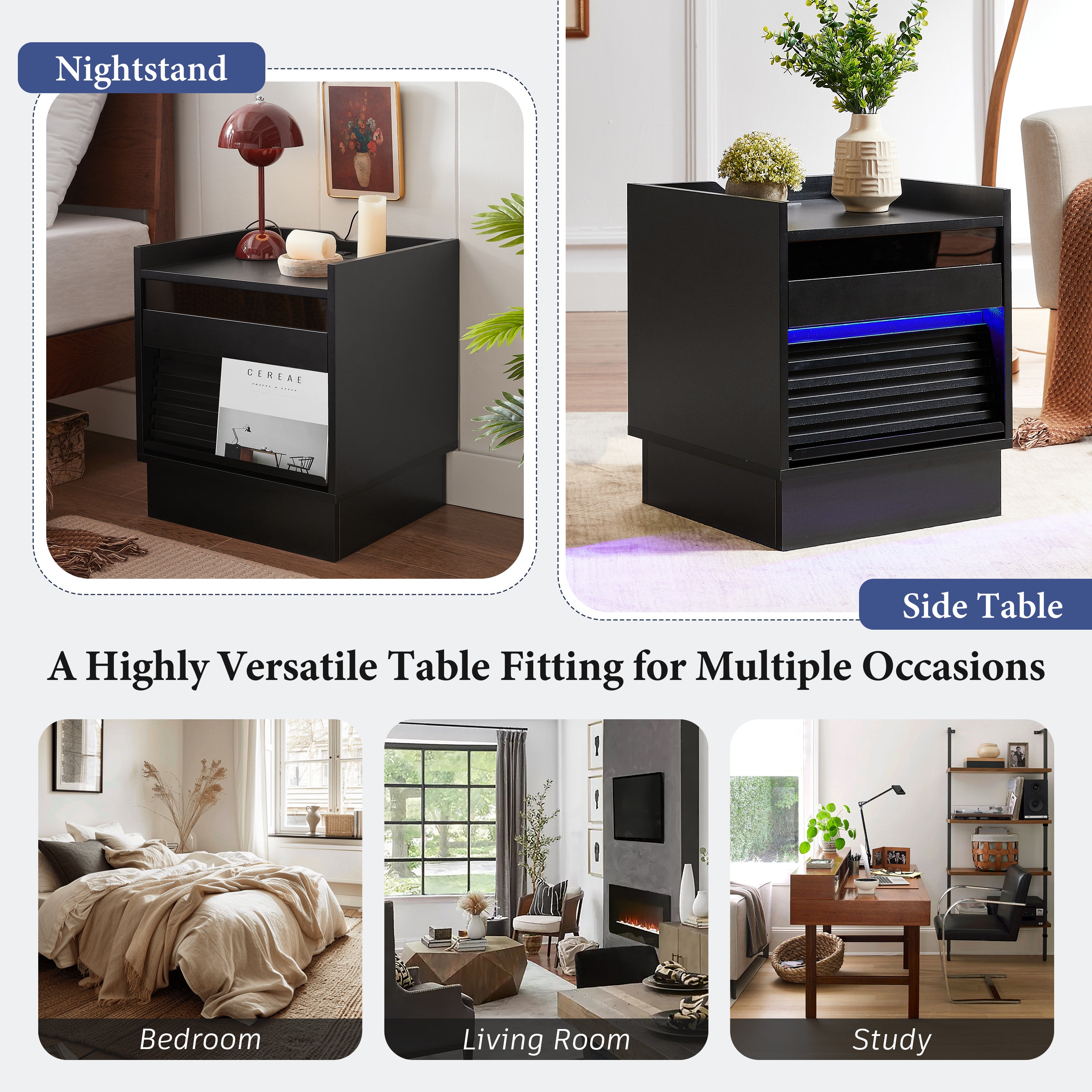 Mid Century Modern Nightstand with Charging Station and LED lights, Night Stand with 2 Drawers, Bedside Tables/End Table for Bedroom or Living Room, Black Nightstands