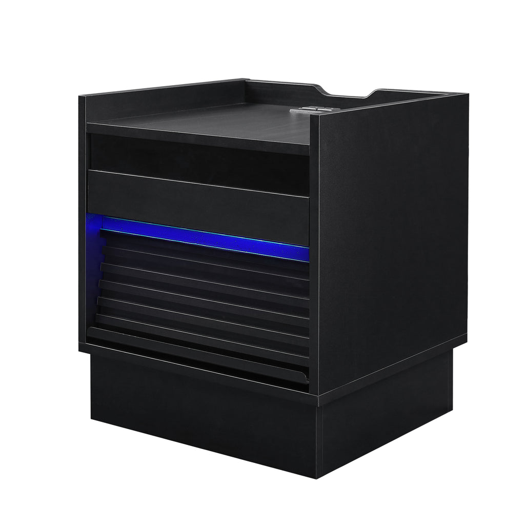 Mid Century Modern Nightstand with Charging Station and LED lights, Night Stand with 2 Drawers, Bedside Tables/End Table for Bedroom or Living Room, Black Nightstands