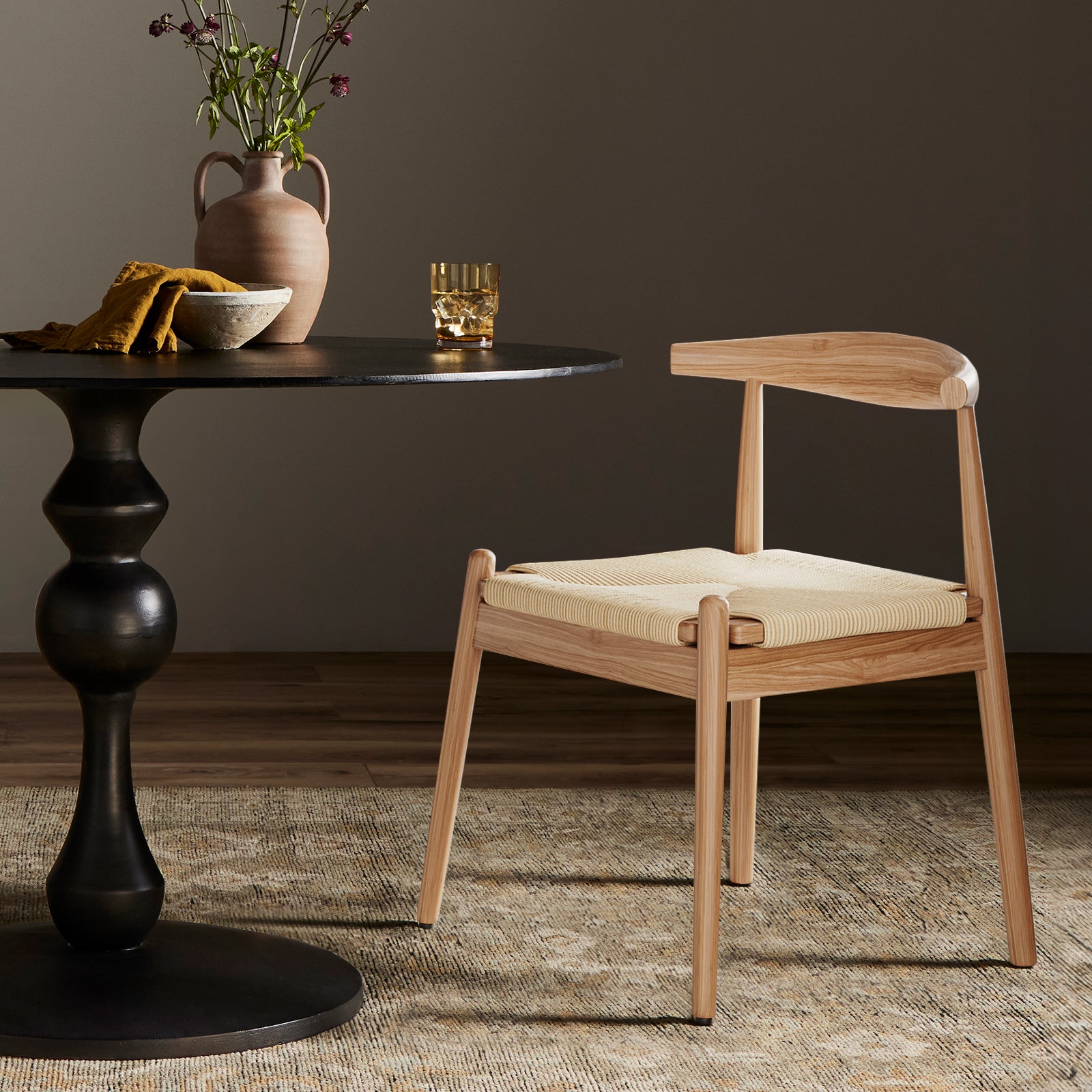 Weave Dining Chairs Set of 2, Mid-Century Modern Kitchen Chair with Solid Oak Frame & Handwoven Seat for Living Dining Room