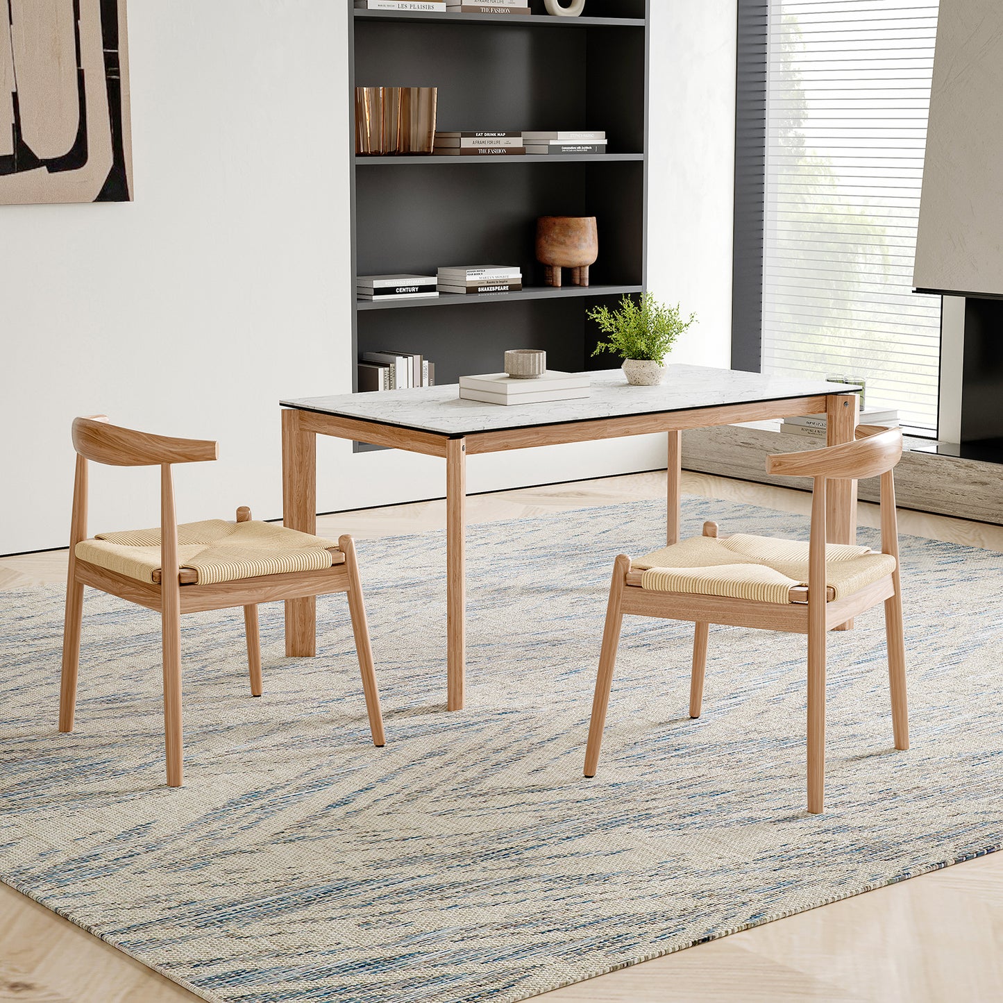 Weave Dining Chairs Set of 2, Mid-Century Modern Kitchen Chair with Solid Oak Frame & Handwoven Seat for Living Dining Room