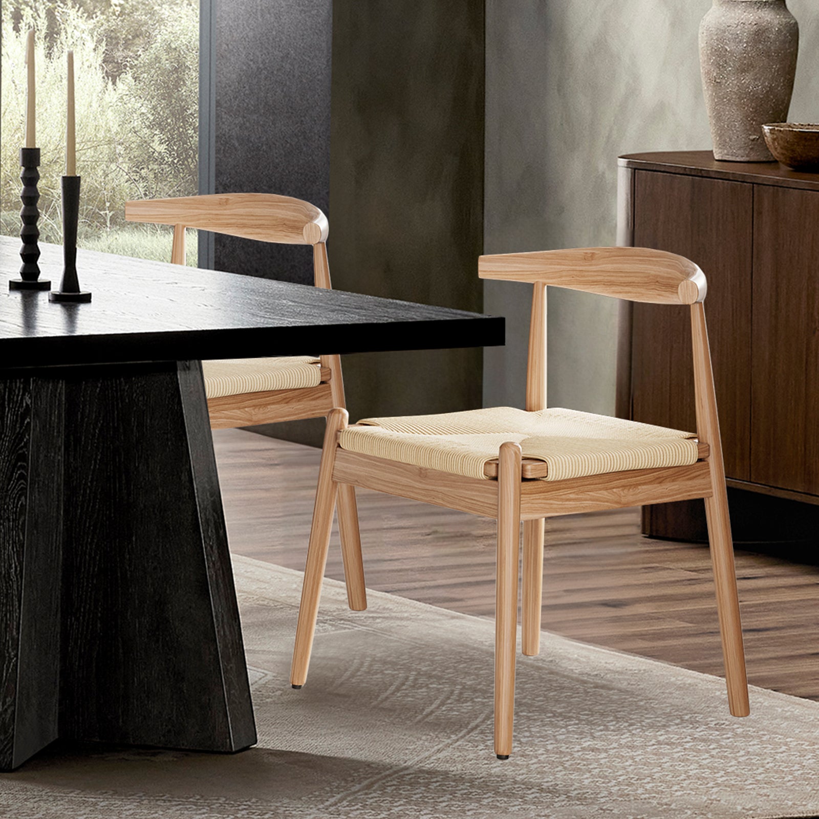 Weave Dining Chairs Set of 2, Mid-Century Modern Kitchen Chair with Solid Oak Frame & Handwoven Seat for Living Dining Room