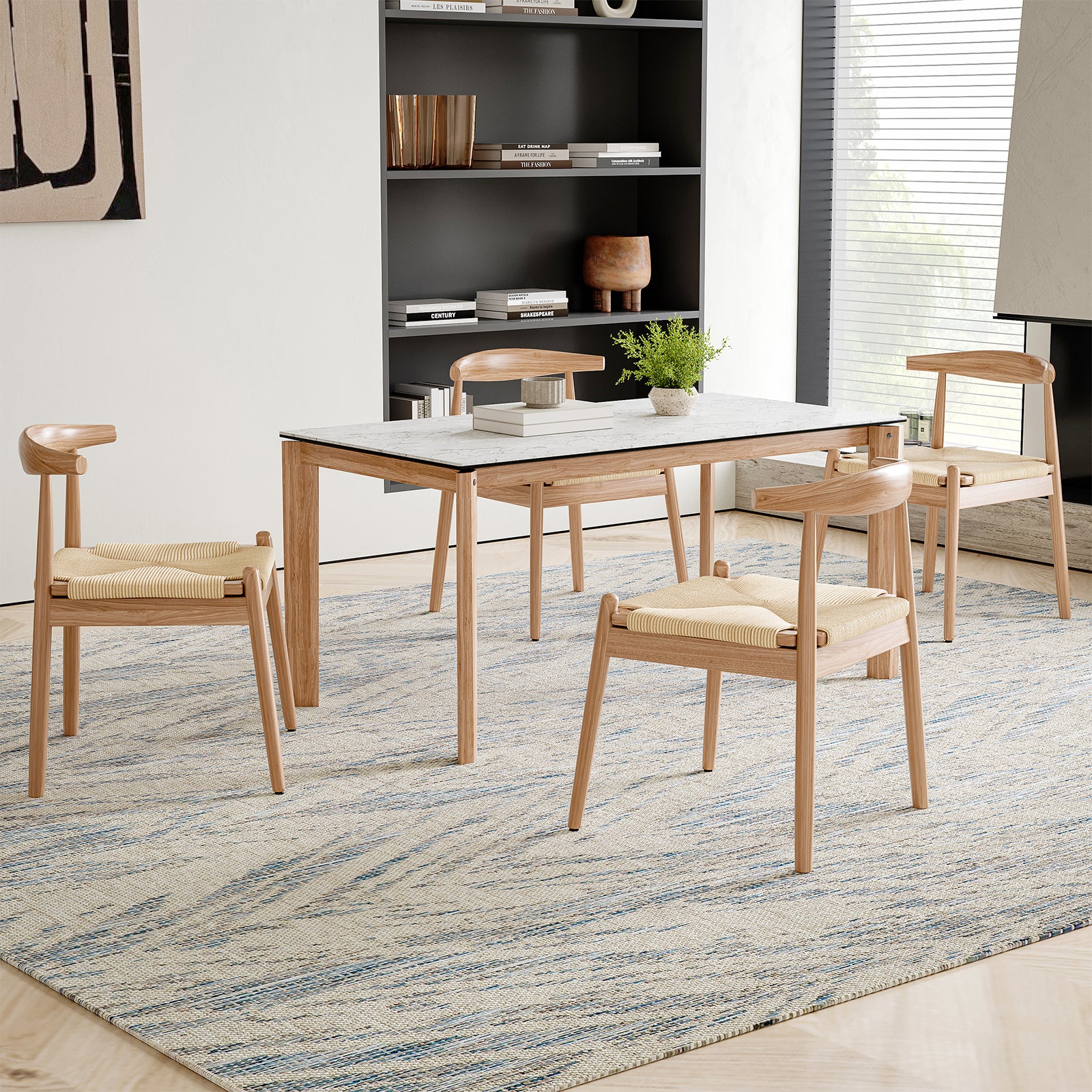 Weave Dining Chairs Set of 2, Mid-Century Modern Kitchen Chair with Solid Oak Frame & Handwoven Seat for Living Dining Room