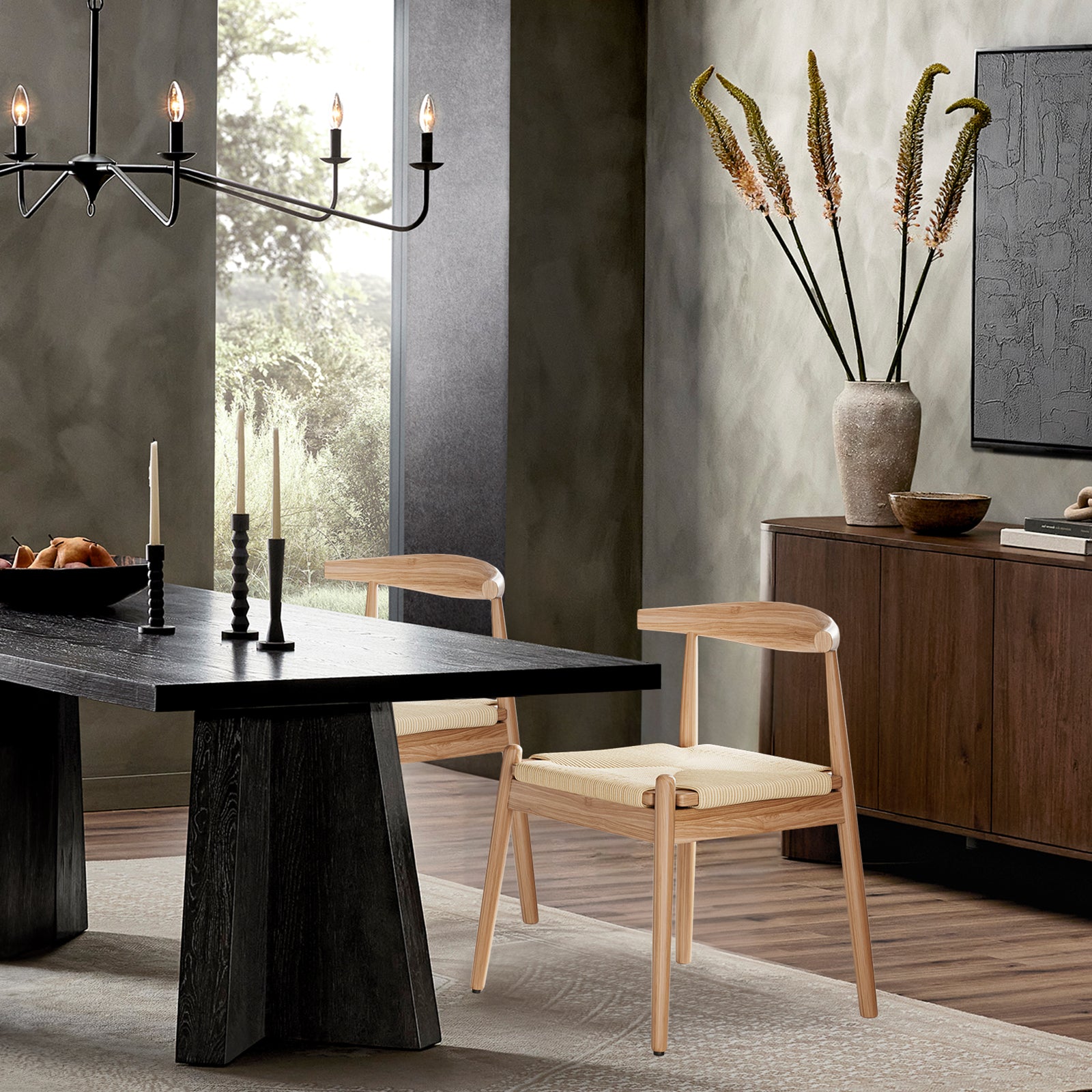 Weave Dining Chairs Set of 2, Mid-Century Modern Kitchen Chair with Solid Oak Frame & Handwoven Seat for Living Dining Room