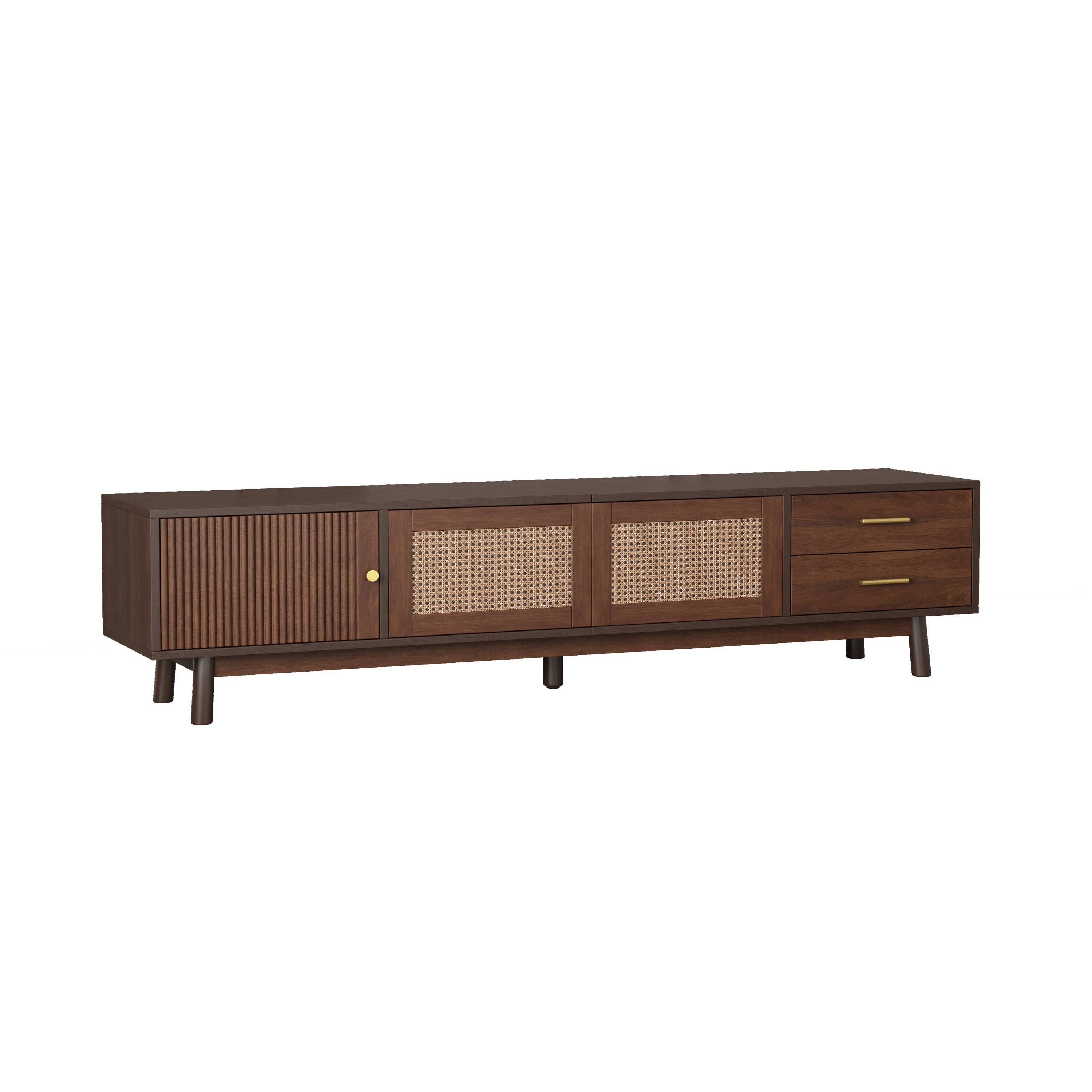 Mid Century Modern TV Stand for 80' TVs, Entertainment Center with Sliding Doors and Drawers, TV Table with Storage for Living Room, Bedroom