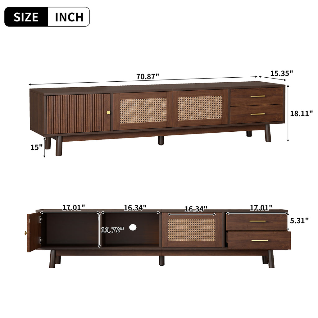 Mid Century Modern TV Stand for 80' TVs, Entertainment Center with Sliding Doors and Drawers, TV Table with Storage for Living Room, Bedroom