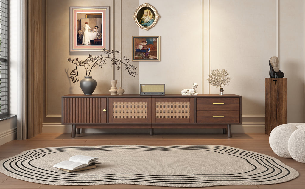 Mid Century Modern TV Stand for 80' TVs, Entertainment Center with Sliding Doors and Drawers, TV Table with Storage for Living Room, Bedroom