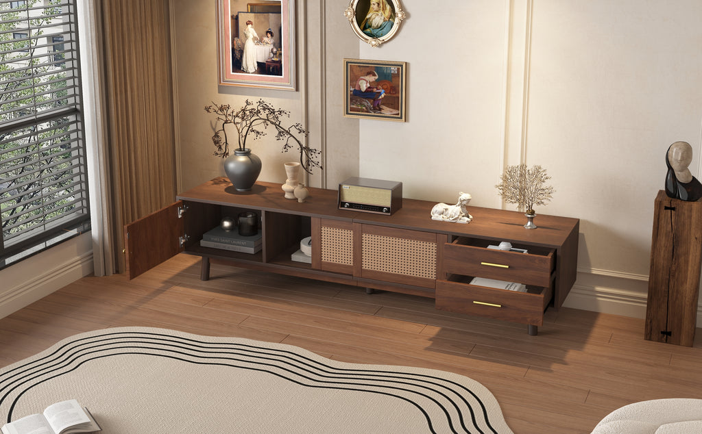 Mid Century Modern TV Stand for 80' TVs, Entertainment Center with Sliding Doors and Drawers, TV Table with Storage for Living Room, Bedroom