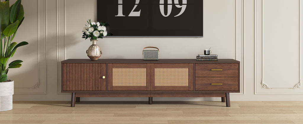 Mid Century Modern TV Stand for 80' TVs, Entertainment Center with Sliding Doors and Drawers, TV Table with Storage for Living Room, Bedroom