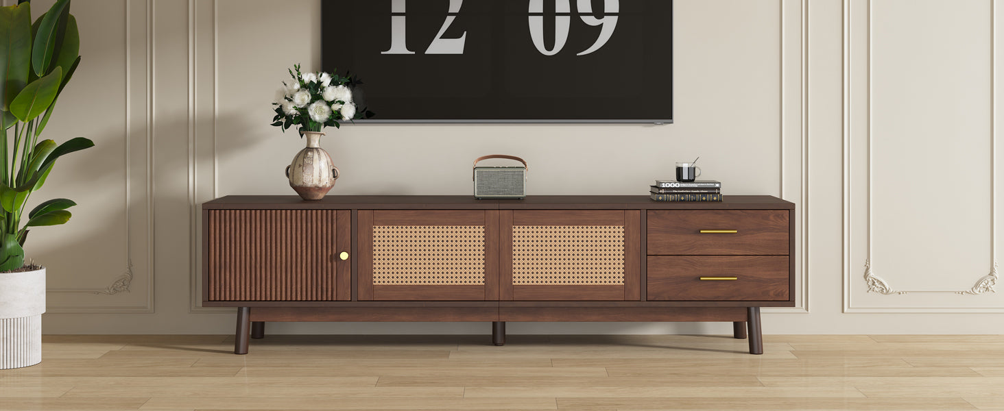 Mid Century Modern TV Stand for 80' TVs, Entertainment Center with Sliding Doors and Drawers, TV Table with Storage for Living Room, Bedroom