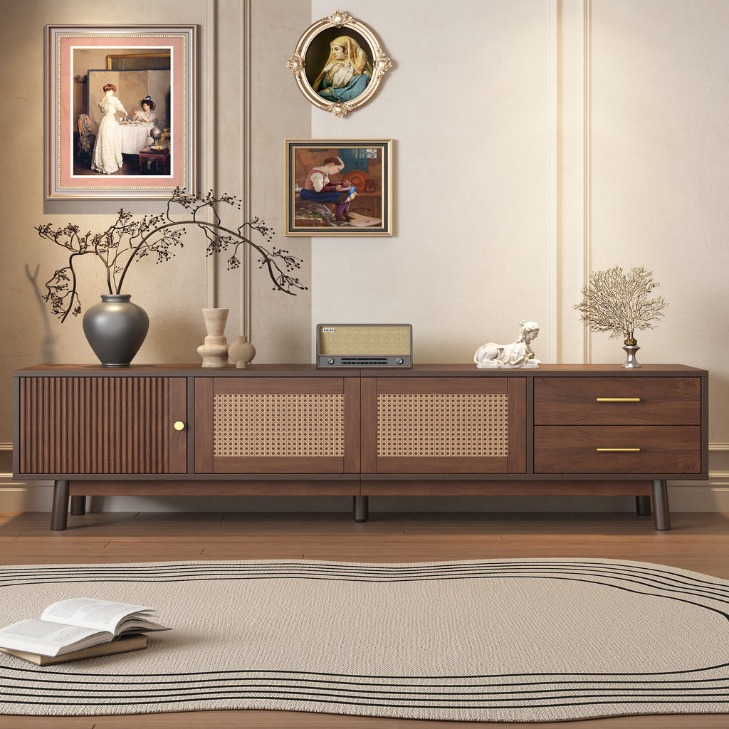 Mid Century Modern TV Stand for 80' TVs, Entertainment Center with Sliding Doors and Drawers, TV Table with Storage for Living Room, Bedroom