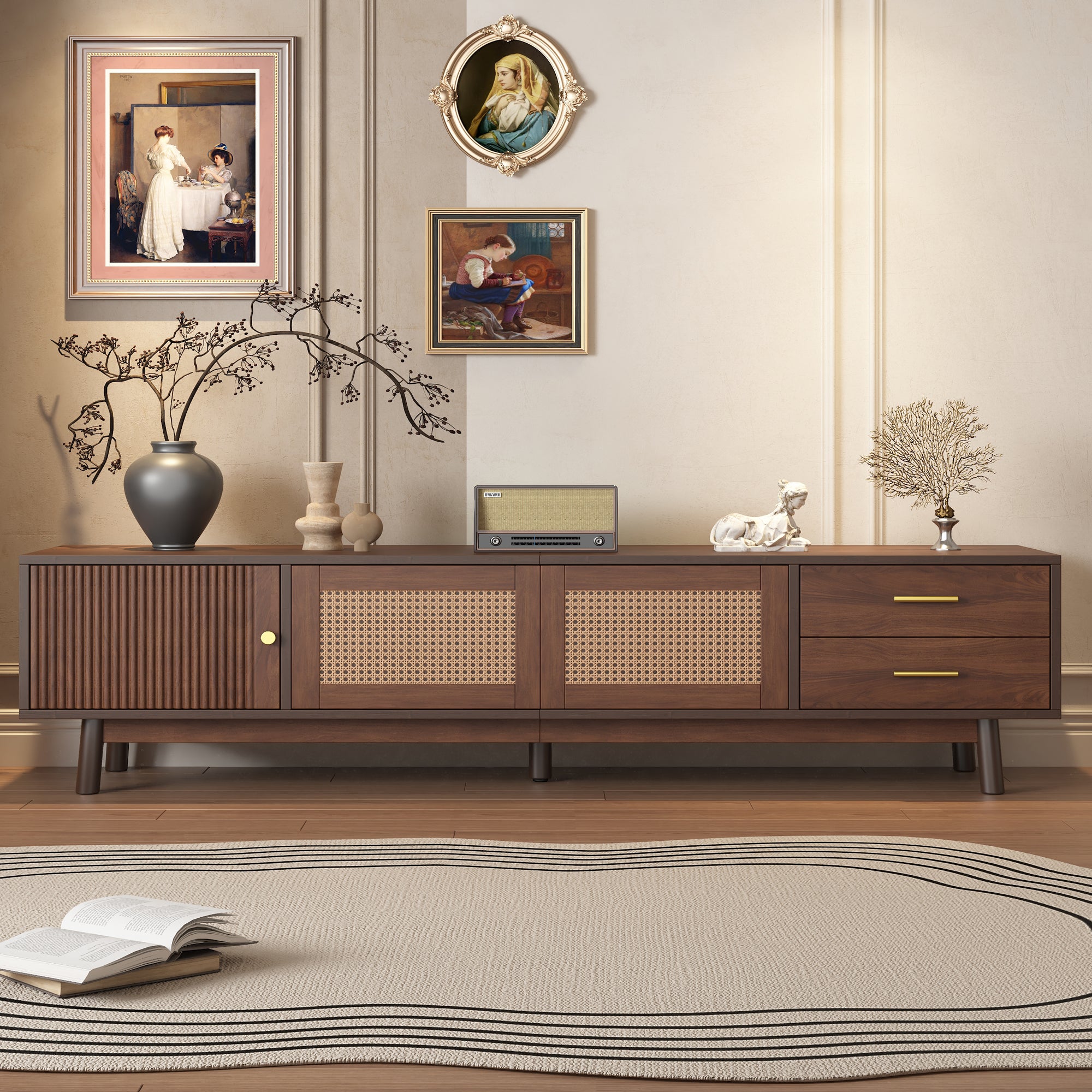 Mid Century Modern TV Stand for 80' TVs, Entertainment Center with Sliding Doors and Drawers, TV Table with Storage for Living Room, Bedroom