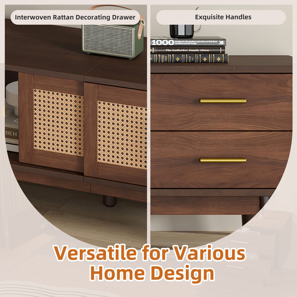 Mid Century Modern TV Stand for 80' TVs, Entertainment Center with Sliding Doors and Drawers, TV Table with Storage for Living Room, Bedroom