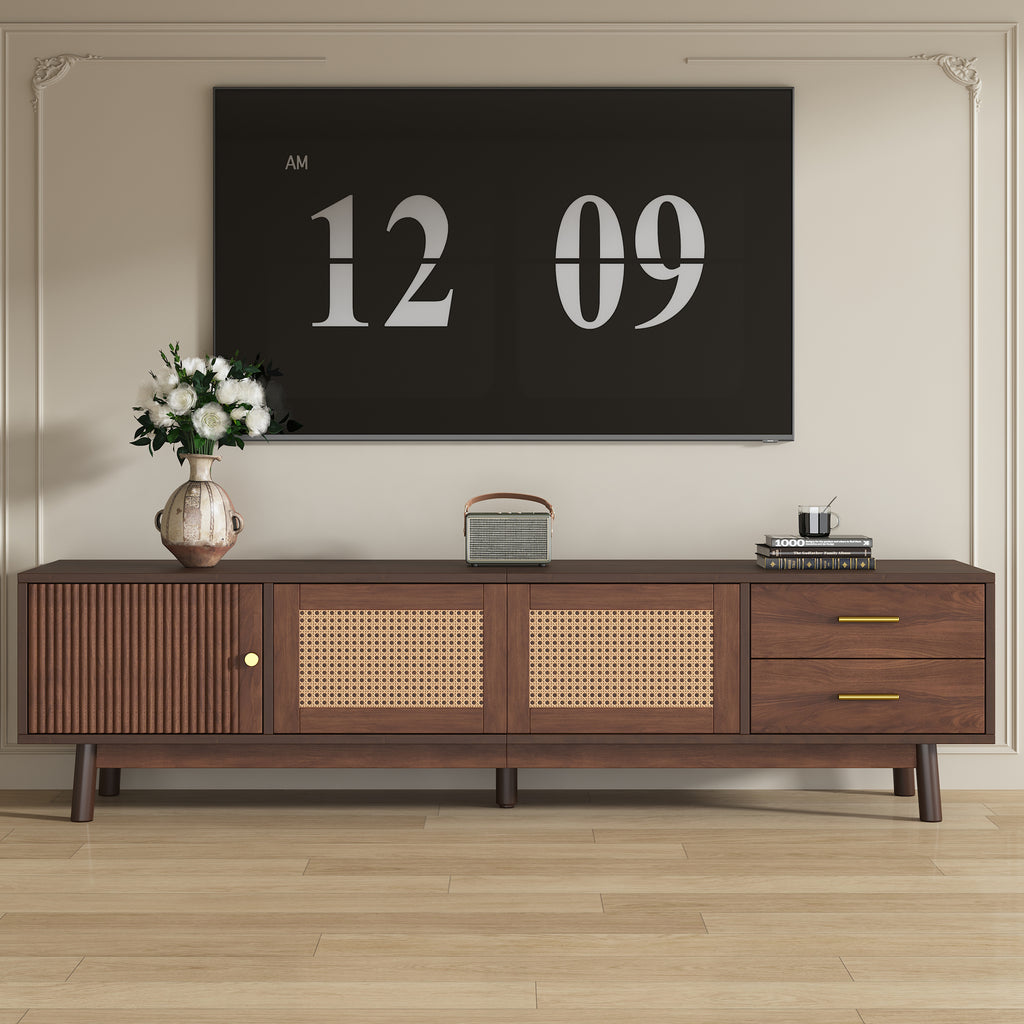 Mid Century Modern TV Stand for 80' TVs, Entertainment Center with Sliding Doors and Drawers, TV Table with Storage for Living Room, Bedroom