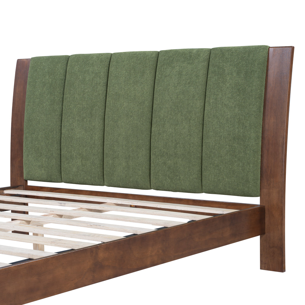 Premium Pine Wood Queen Bed Frame,Queen Size Bed Frame with Headboard Included,Mid Century Modern Bed,Walnut&Green Color Bed Frame