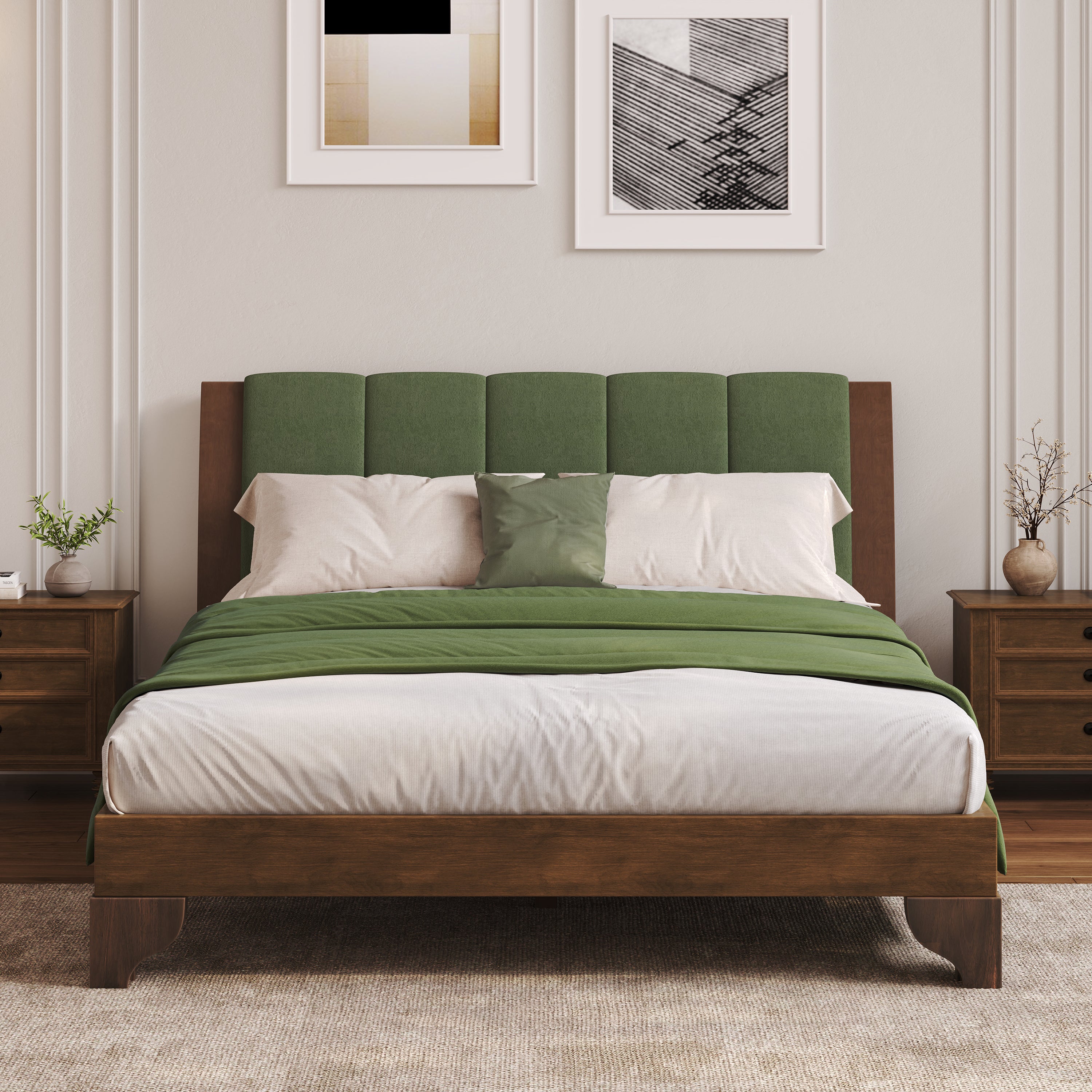 Premium Pine Wood Queen Bed Frame,Queen Size Bed Frame with Headboard Included,Mid Century Modern Bed,Walnut&Green Color Bed Frame