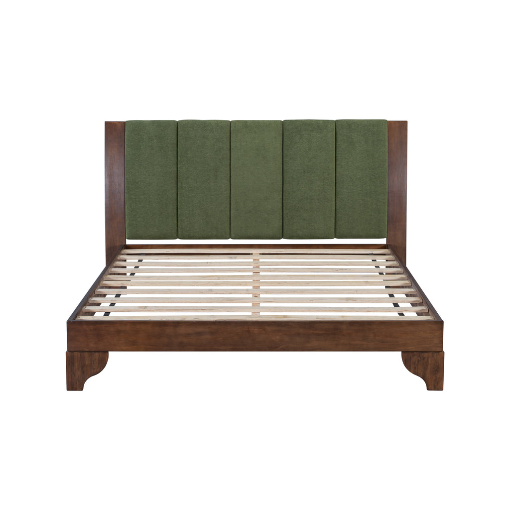 Premium Pine Wood Queen Bed Frame,Queen Size Bed Frame with Headboard Included,Mid Century Modern Bed,Walnut&Green Color Bed Frame