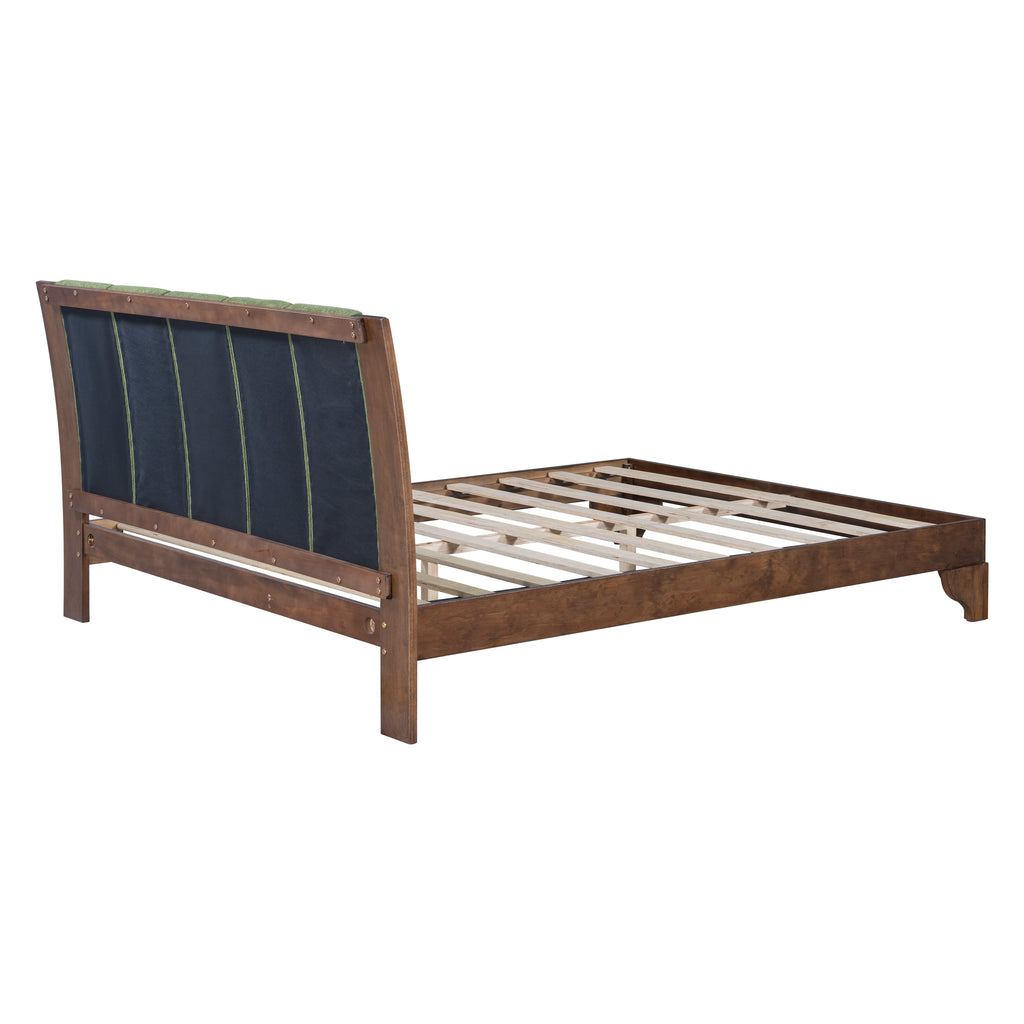 Premium Pine Wood Queen Bed Frame,Queen Size Bed Frame with Headboard Included,Mid Century Modern Bed,Walnut&Green Color Bed Frame