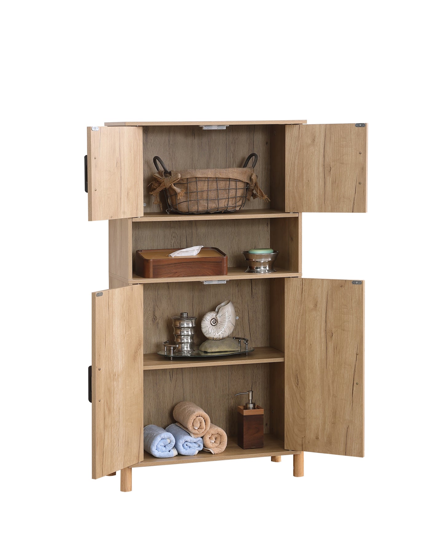 Mid-Century Modern 4-Door Storage Cabinet with Woven Rattan Doors & Adjustable Shelves - Perfect for Living Room & Dining Room