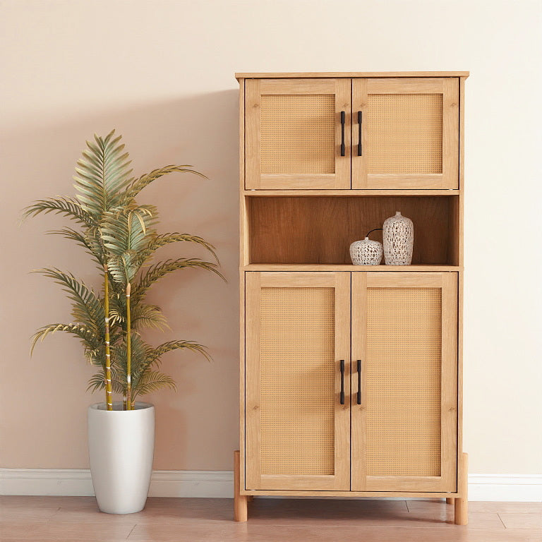 Mid-Century Modern 4-Door Storage Cabinet with Woven Rattan Doors & Adjustable Shelves - Perfect for Living Room & Dining Room