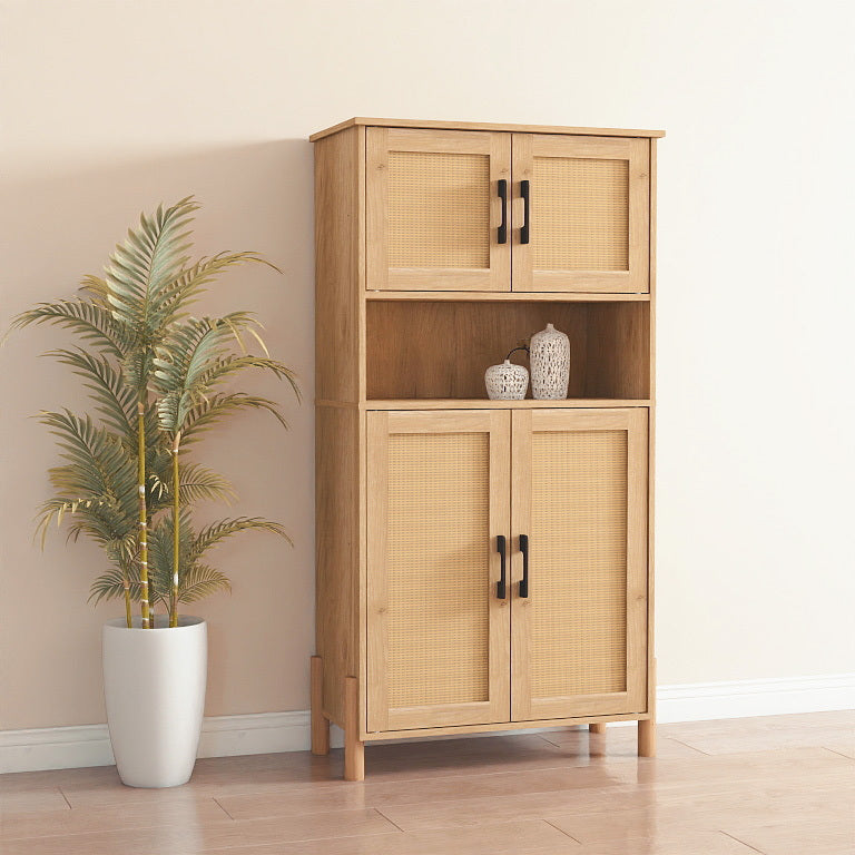 Mid-Century Modern 4-Door Storage Cabinet with Woven Rattan Doors & Adjustable Shelves - Perfect for Living Room & Dining Room