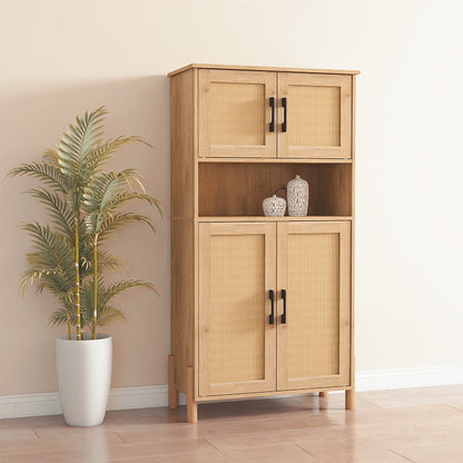 Mid-Century Modern 4-Door Storage Cabinet with Woven Rattan Doors & Adjustable Shelves - Perfect for Living Room & Dining Room