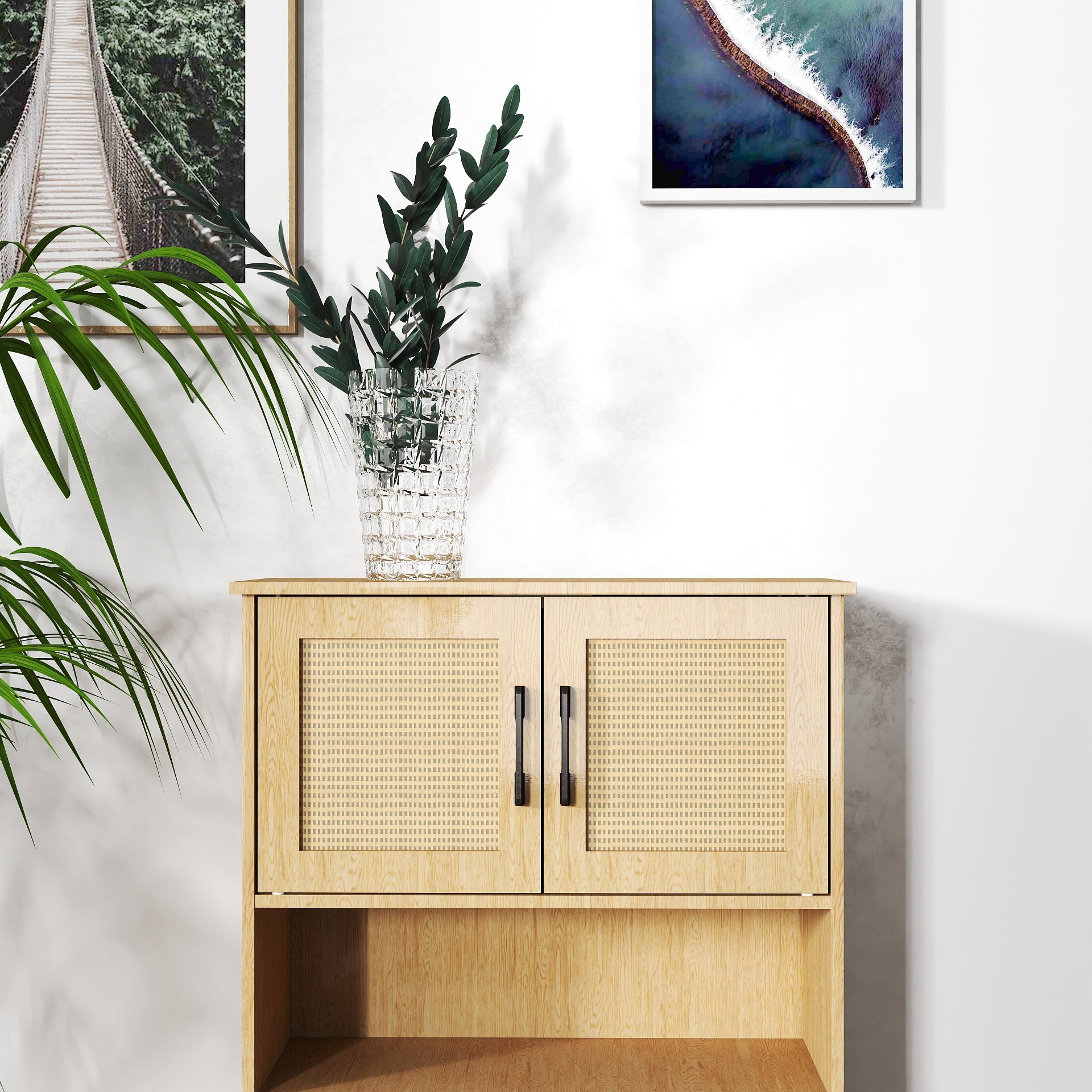 Mid-Century Modern 4-Door Storage Cabinet with Woven Rattan Doors & Adjustable Shelves - Perfect for Living Room & Dining Room