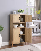 Mid-Century Modern 4-Door Storage Cabinet with Woven Rattan Doors & Adjustable Shelves - Perfect for Living Room & Dining Room