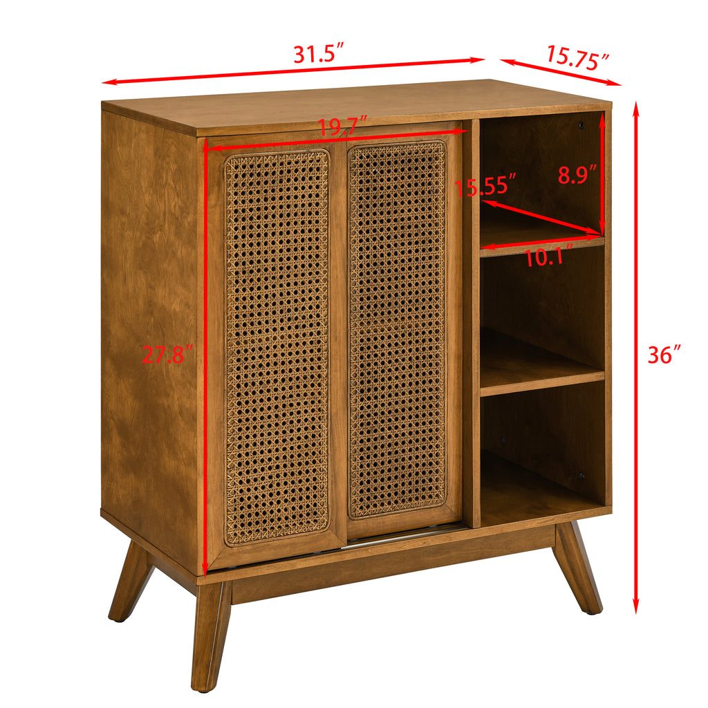 Mid Century Modern Rattan Sideboard Cabinet, Buffet Cabinet for Entryway Hallway Living Room Kitchen Dining Room Bedroom, Adjustable Shelf & Solid Wood Feet & Rattan Cabinet Doors