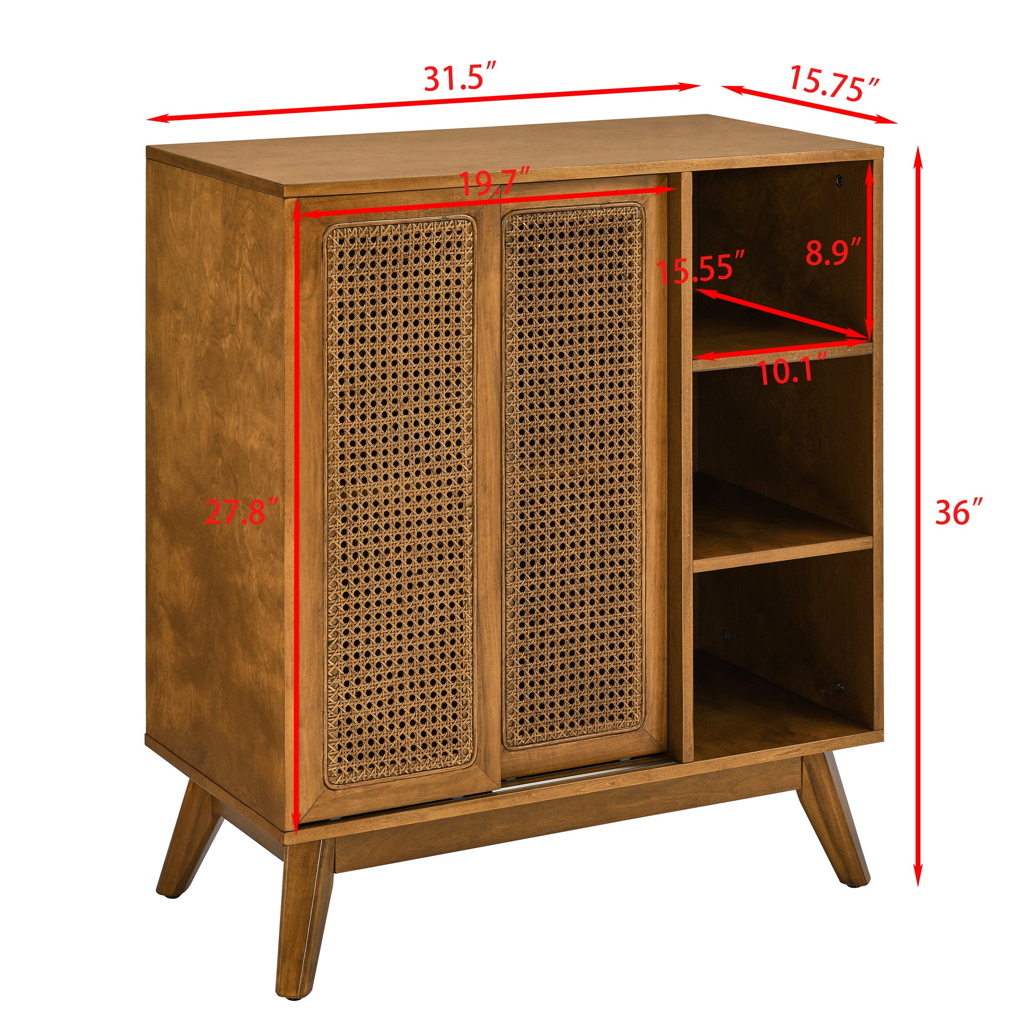 Mid Century Modern Rattan Sideboard Cabinet, Buffet Cabinet for Entryway Hallway Living Room Kitchen Dining Room Bedroom, Adjustable Shelf & Solid Wood Feet & Rattan Cabinet Doors
