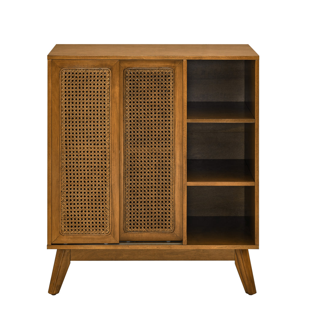 Mid Century Modern Rattan Sideboard Cabinet, Buffet Cabinet for Entryway Hallway Living Room Kitchen Dining Room Bedroom, Adjustable Shelf & Solid Wood Feet & Rattan Cabinet Doors