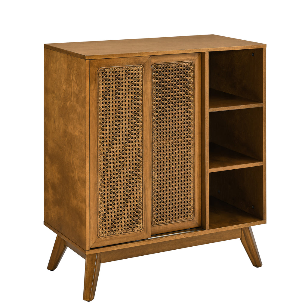 Mid Century Modern Rattan Sideboard Cabinet, Buffet Cabinet for Entryway Hallway Living Room Kitchen Dining Room Bedroom, Adjustable Shelf & Solid Wood Feet & Rattan Cabinet Doors