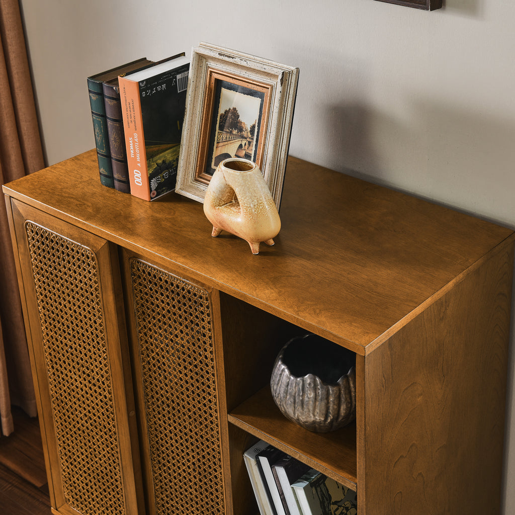 Mid Century Modern Rattan Sideboard Cabinet, Buffet Cabinet for Entryway Hallway Living Room Kitchen Dining Room Bedroom, Adjustable Shelf & Solid Wood Feet & Rattan Cabinet Doors