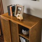 Mid Century Modern Rattan Sideboard Cabinet, Buffet Cabinet for Entryway Hallway Living Room Kitchen Dining Room Bedroom, Adjustable Shelf & Solid Wood Feet & Rattan Cabinet Doors