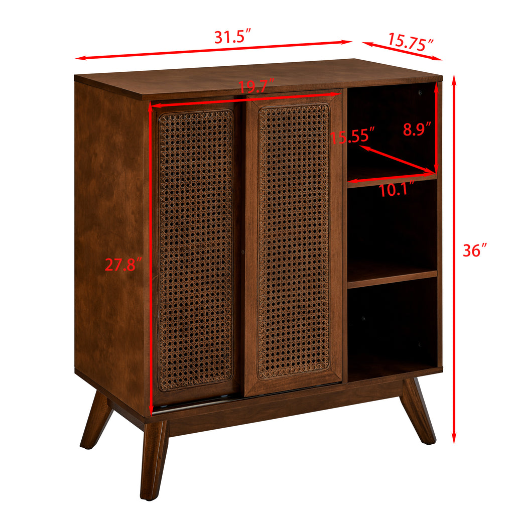 Mid Century Modern Rattan Sideboard Cabinet, Buffet Cabinet for Entryway Hallway Living Room Kitchen Dining Room Bedroom, Adjustable Shelf & Solid Wood Feet & Rattan Cabinet Doors
