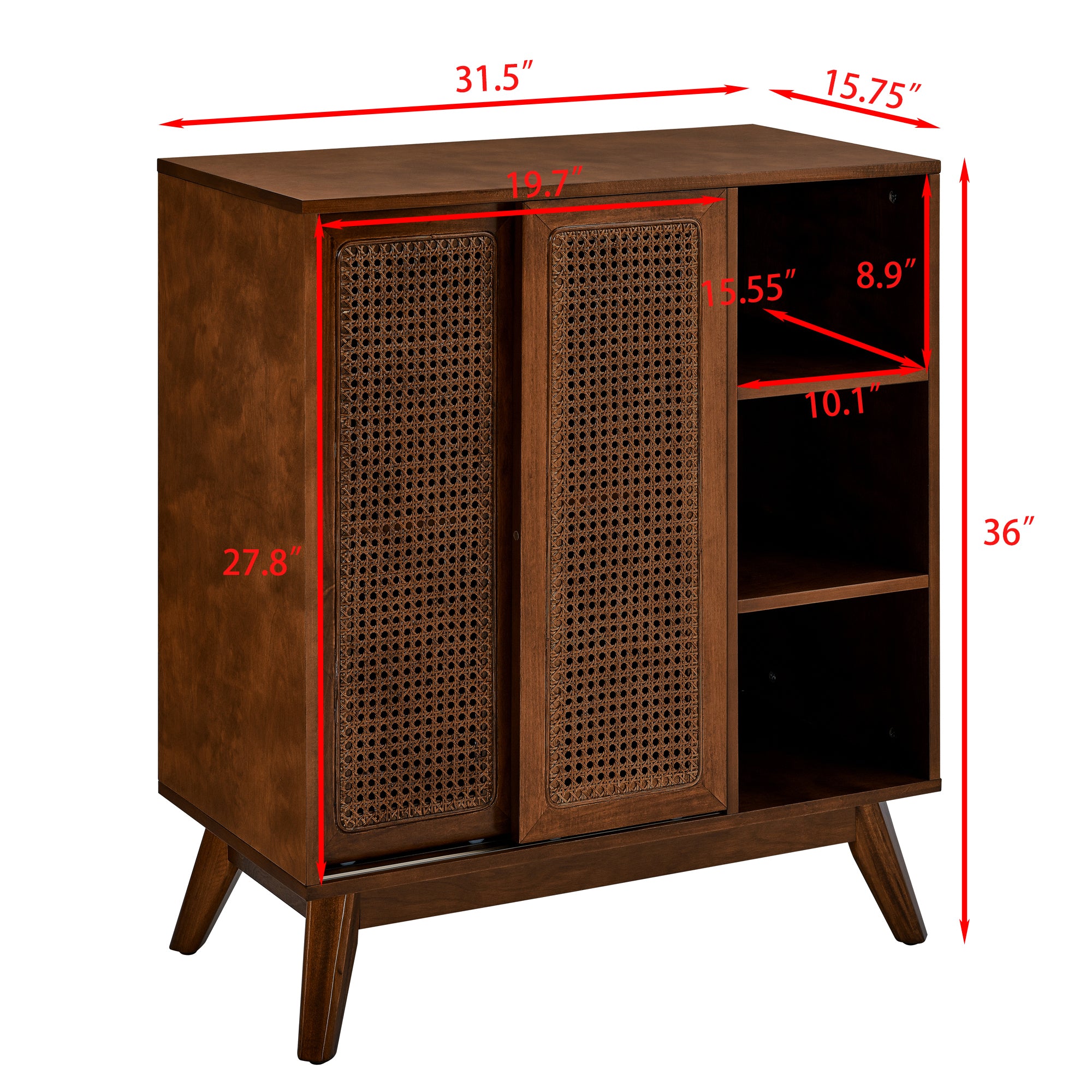 Mid Century Modern Rattan Sideboard Cabinet, Buffet Cabinet for Entryway Hallway Living Room Kitchen Dining Room Bedroom, Adjustable Shelf & Solid Wood Feet & Rattan Cabinet Doors