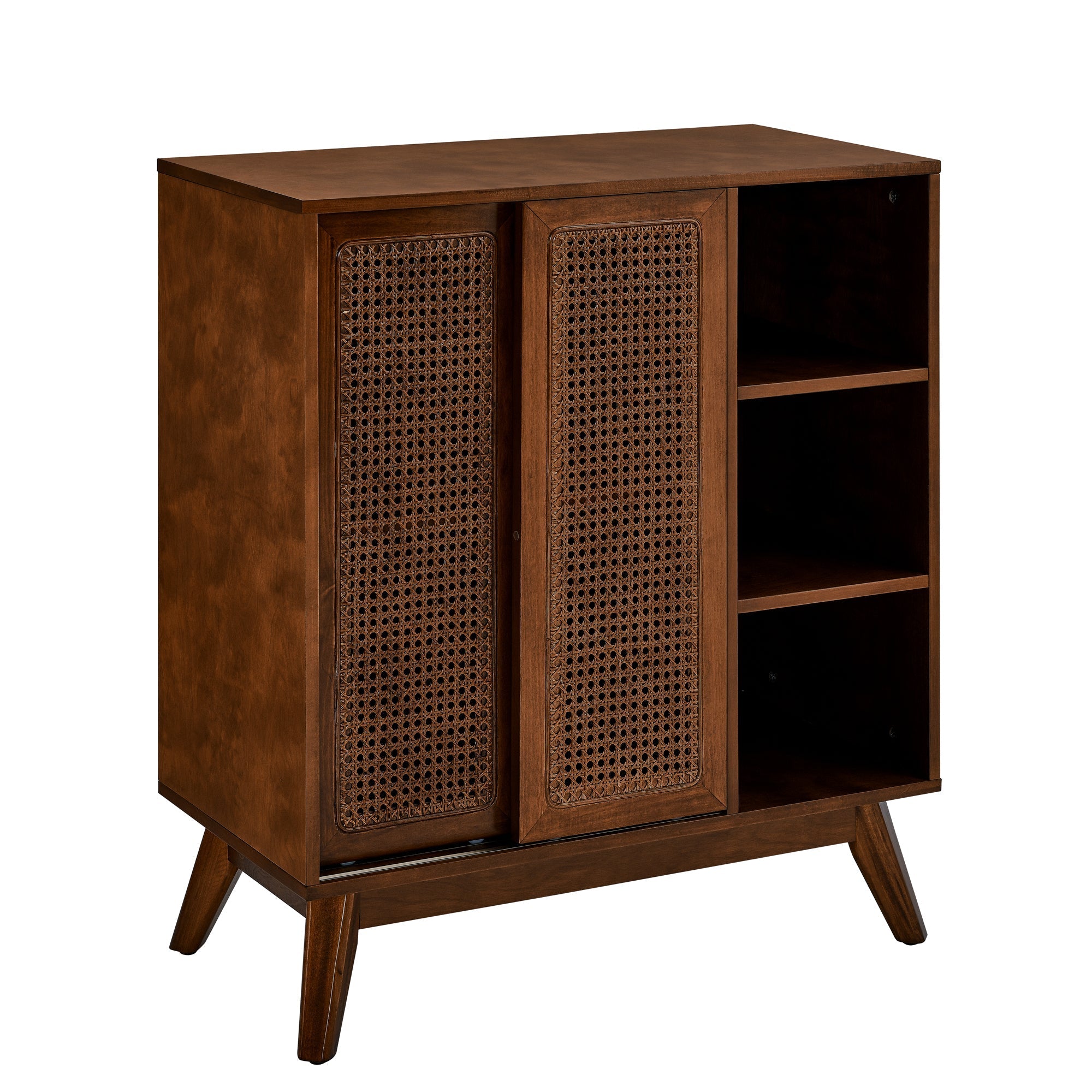 Mid Century Modern Rattan Sideboard Cabinet, Buffet Cabinet for Entryway Hallway Living Room Kitchen Dining Room, Adjustable Shelf & Solid Wood Feet & Rattan Cabinet Doors - Dark Wood