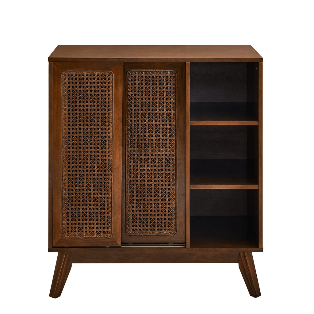 Mid Century Modern Rattan Sideboard Cabinet, Buffet Cabinet for Entryway Hallway Living Room Kitchen Dining Room, Adjustable Shelf & Solid Wood Feet & Rattan Cabinet Doors - Dark Wood