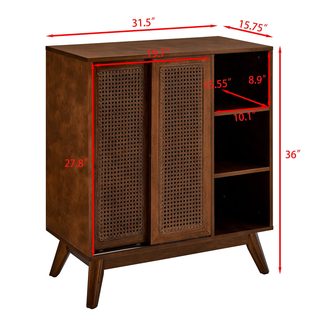 Mid Century Modern Rattan Sideboard Cabinet, Buffet Cabinet for Entryway Hallway Living Room Kitchen Dining Room, Adjustable Shelf & Solid Wood Feet & Rattan Cabinet Doors - Dark Wood