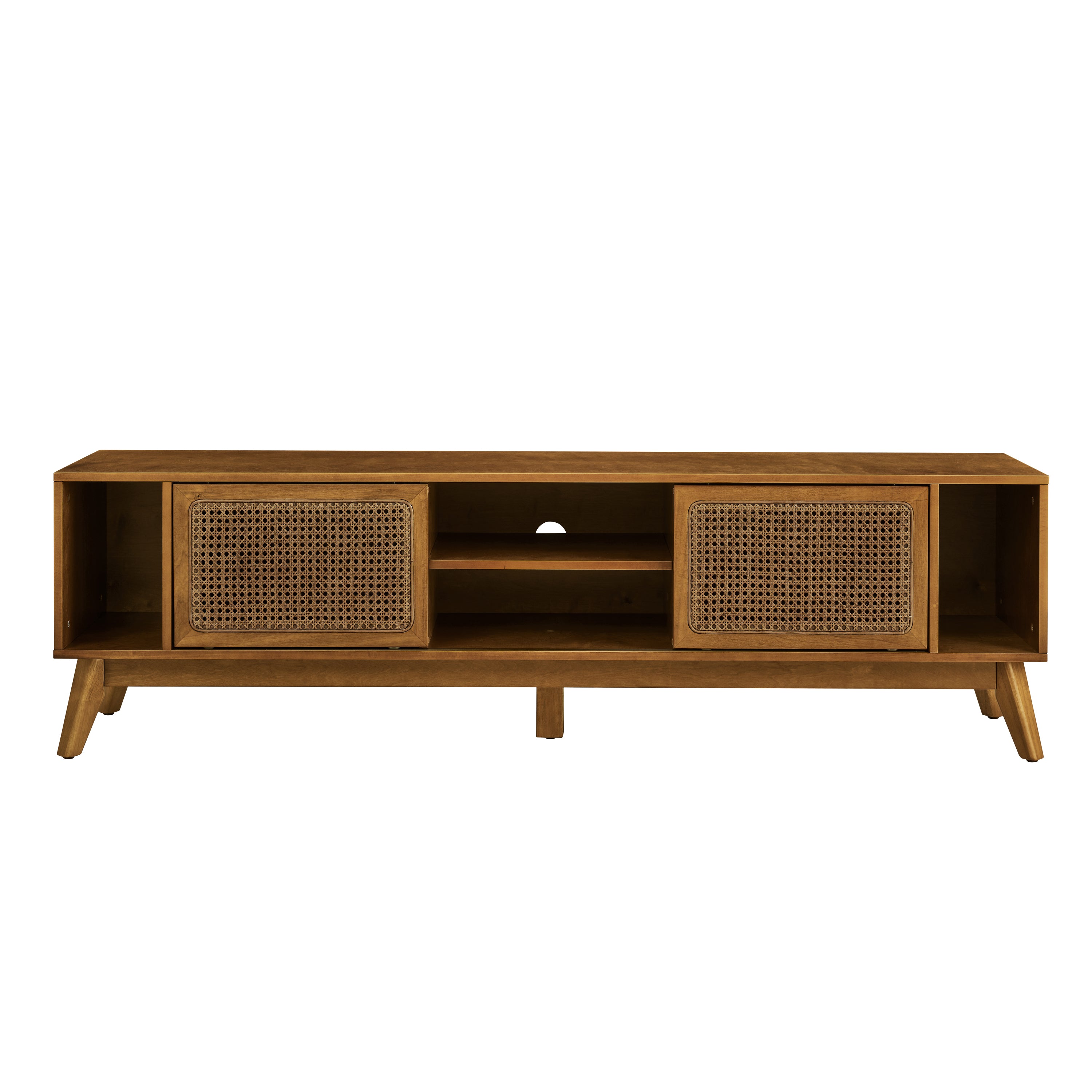67.9 Inch Mid Century Modern Rattan TV Stand for TVs up to 75', Entertainment Cabinet, Media Console for Living Room Media Room, Solid Wood Feet & Rattan Cabinet Doors - Light Walnut