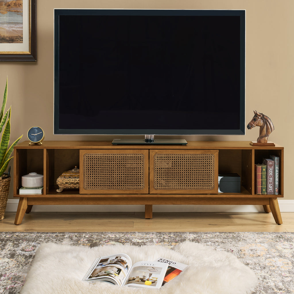 67.9 Inch Mid Century Modern Rattan TV Stand for TVs up to 75', Entertainment Cabinet, Media Console for Living Room Media Room, Solid Wood Feet & Rattan Cabinet Doors - Light Walnut