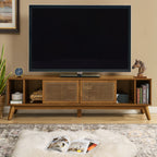 67.9 Inch Mid Century Modern Rattan TV Stand for TVs up to 75', Entertainment Cabinet, Media Console for Living Room Media Room, Solid Wood Feet & Rattan Cabinet Doors - Light Walnut