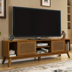 67.9 Inch Mid Century Modern Rattan TV Stand for TVs up to 75', Entertainment Cabinet, Media Console for Living Room Media Room, Solid Wood Feet & Rattan Cabinet Doors - Light Walnut