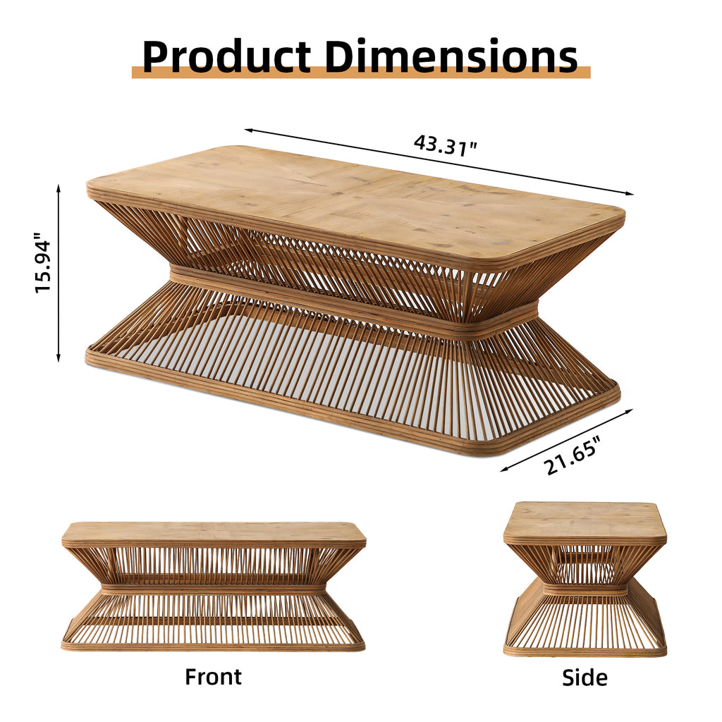 Mid-Century Modern Coffee Table, 43.3' Rectangular Wood Accent Table with Woven Bamboo Base – Rustic Boho Low Profile Cocktail Table for Living Room