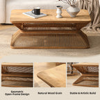 Mid-Century Modern Coffee Table, 43.3' Rectangular Wood Accent Table with Woven Bamboo Base – Rustic Boho Low Profile Cocktail Table for Living Room